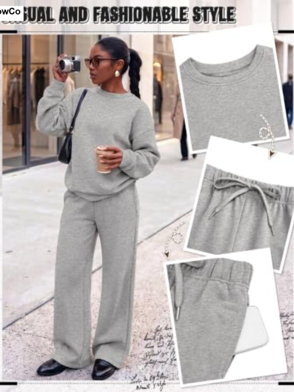 Women's 2 Piece Sweatsuit Set Polyester Oversized Crewneck Top Wide Leg Pants - Picture 2 of 6